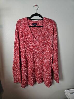 Lands' End Red & White Marled V-Neck Sweater
